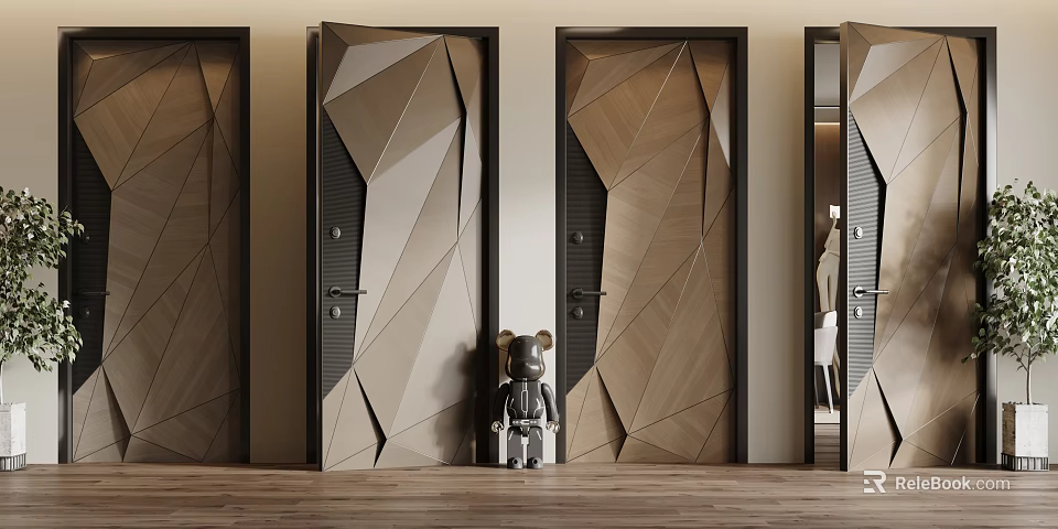 Stylish Modern Swing Door with Geometric Wooden Patterns and Brown Frames 3d model 
