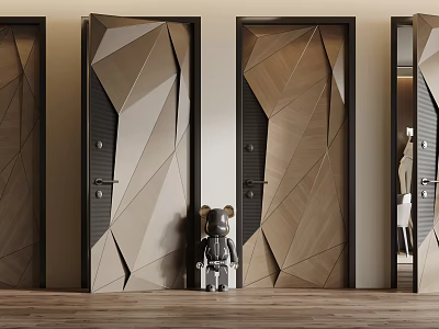 Stylish Modern Swing Door with Geometric Wooden Patterns and Brown Frames 3d model