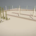 Outdoor Industrial Equipment Featuring Railway Tracks Electric Poles Power Lines and Fencing