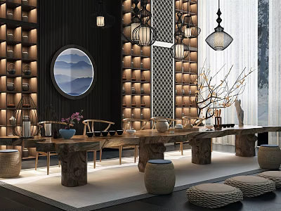 Elegant Chinese Traditional Wood Tea Table and Chairs with Tea Sets Pendant Lights 3d model