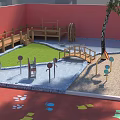 Colorful School Building With Green Roof Outdoor Playground Trees And Play Equipment