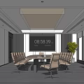 Modern Conference Room Interior With Wooden Table Office Chairs Electronic Screen Recessed Lighting And Plant