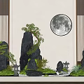Traditional Chinese Indoor Landscape With Rock Formations Pine Trees Lanterns And Round Moon Decoration
