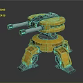 Futuristic Yellow Prototype Robot With Double Gun Barrels And Mechanical Legs
