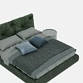 Green Upholstered Double Bed with Tufted Headboard Gray Blue Bedding and Pillows 3d model