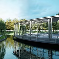 Beautiful Park Landscape With Lush Trees Curved Walkways Pond Green Lawns And Pavilion