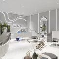 Modern Beauty Hair Salon Interior With Round Mirrors White Chairs And Green Plants