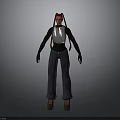 Woman with Red Braids Wearing Silver Top Black Long Sleeves Dark Pants Brown Shoes