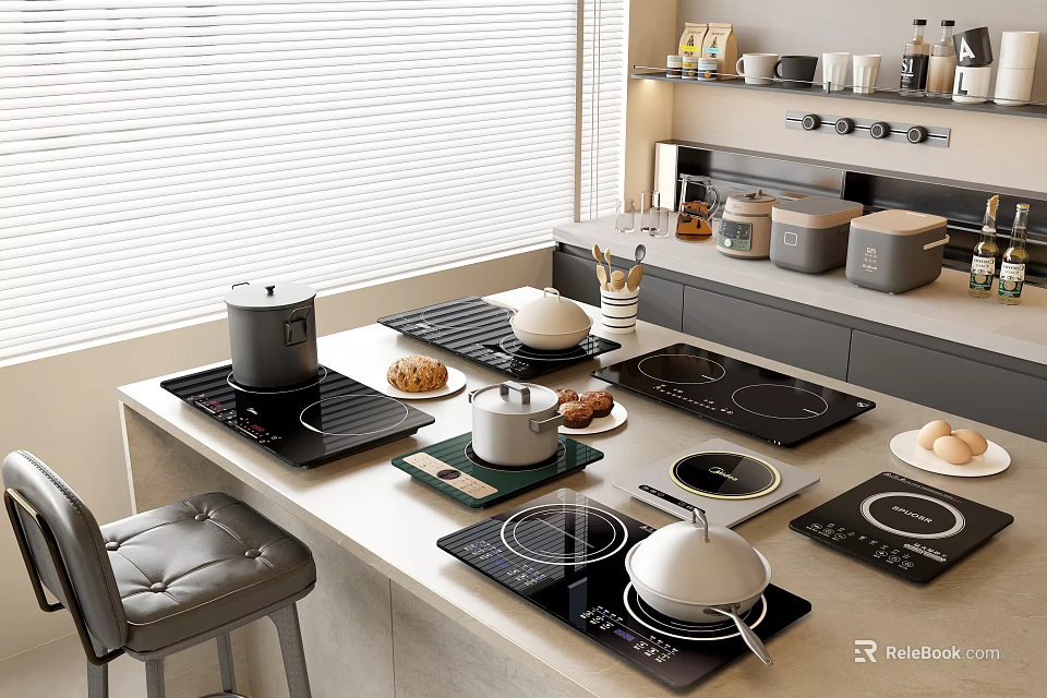 Modern Kitchen Countertop With Induction Cooktops Pots Baking Trays And Appliances 3d model 
