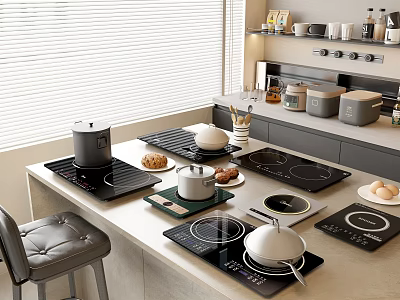 Modern Kitchen Countertop With Induction Cooktops Pots Baking Trays And Appliances 3d model