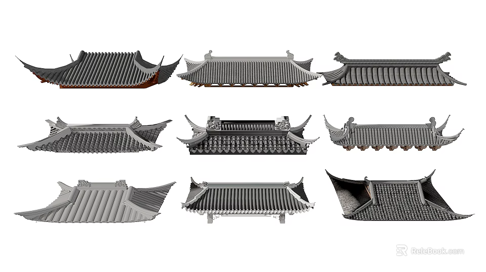 Traditional Chinese Roof Components With Various Classic Tile And Eave Designs 3d model
