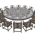 Round Dining Table Set with Surrounding Chairs Vase Purple Flowers and Tableware 3d model