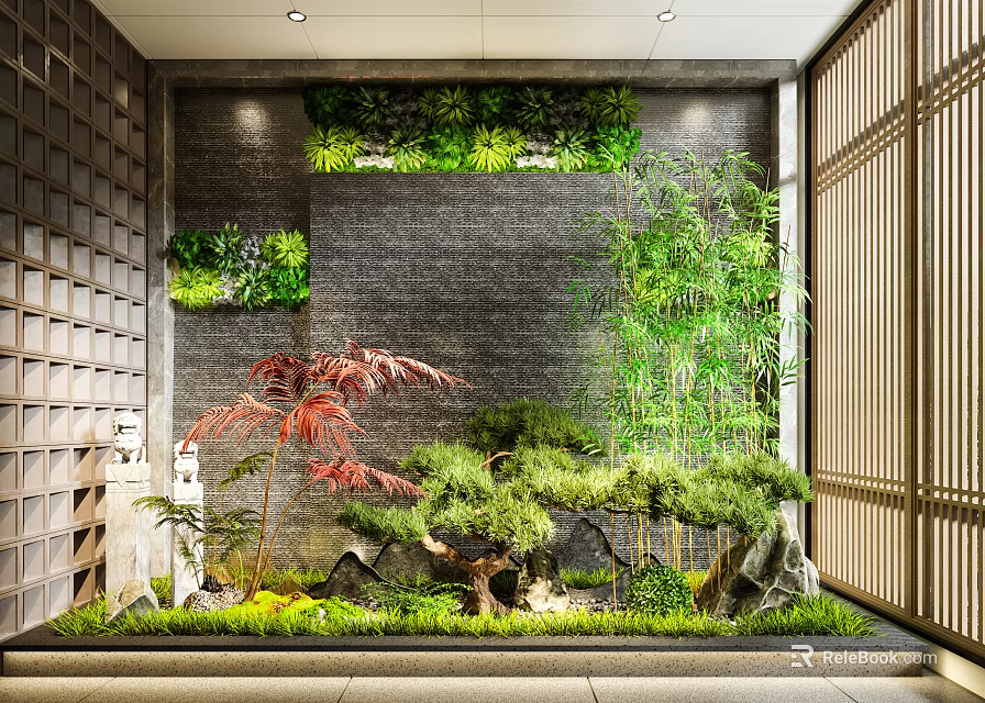 Lush Miniature Garden Design With Green Plant Wall Bamboo Red Leaf Plant And Rockery Moss 3d model 