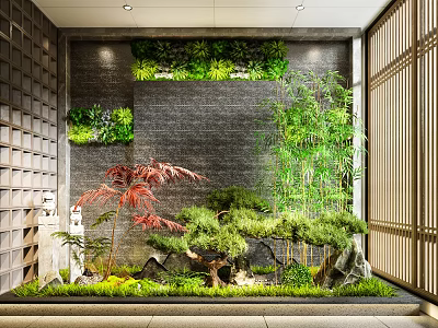 Lush Miniature Garden Design With Green Plant Wall Bamboo Red Leaf Plant And Rockery Moss 3d model