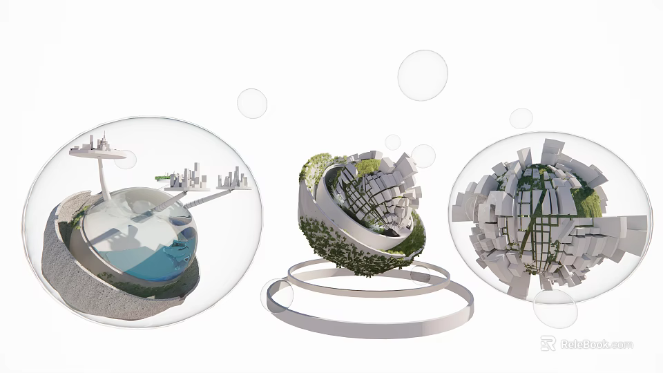 Commercial Equipment Featuring Transparent Spheres Urban Landscapes Greenery And Circular Structures 3d model 