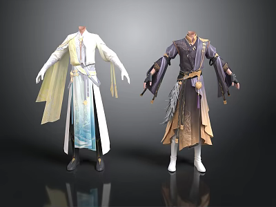 Men's Traditional Robes With Different Styles And Flowing Sashes On Mannequins 3d model