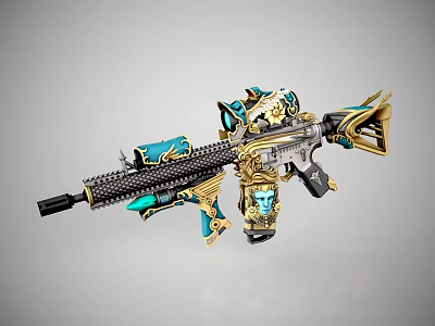 Ornate Decorative Rifle With Gold And Blue Intricate Design Patterns 3d model