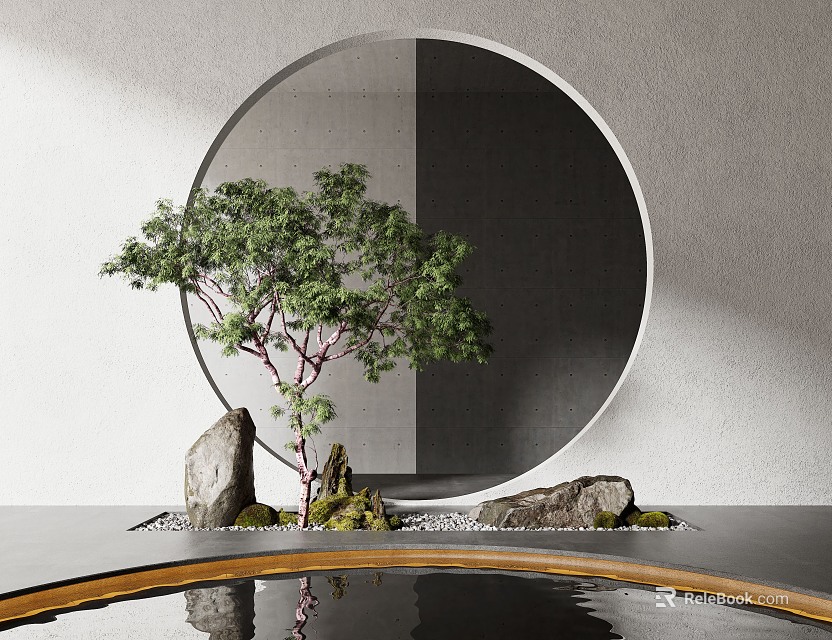 Minimalist Interior Landscape With Circular Decor Green Tree Stones And Water Basin 3d model 