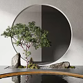 Minimalist Interior Landscape With Circular Decor Green Tree Stones And Water Basin