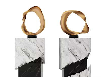 Modern Decorative Ornament Set With Golden Curved Rings And Marble Bases 3d model