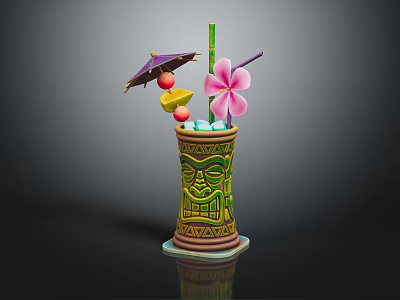 Tropical Drink in Decorative Tiki Mug with Purple Umbrella Pink Flower and Fruit Garnish 3d model