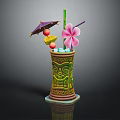 Tropical Drink in Decorative Tiki Mug with Purple Umbrella Pink Flower and Fruit Garnish