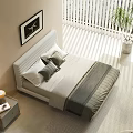 Modern Double Bed with White Striped Headboard Gray Pillows Bedspread Lamp Art and Green Plant