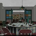 Traditional Chinese Private Dining Room With Round Table Checkered Tablecloth Red Chairs And Pendant Light
