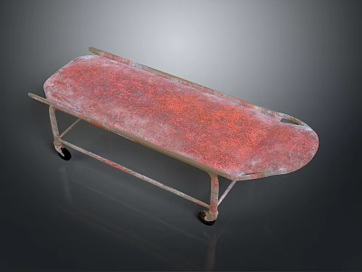 Vintage Stretcher Cart Featuring Red Weathered Surface And Metal Frame With Wheels 3d model