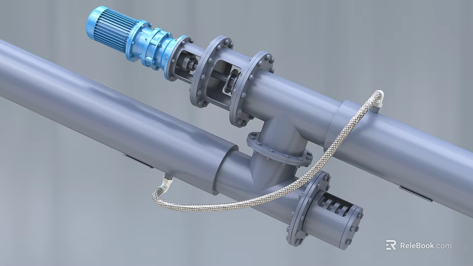 Industrial Equipment Featuring Metal Pipes Blue Motor Flange Connections And Flexible Hose 3d model 