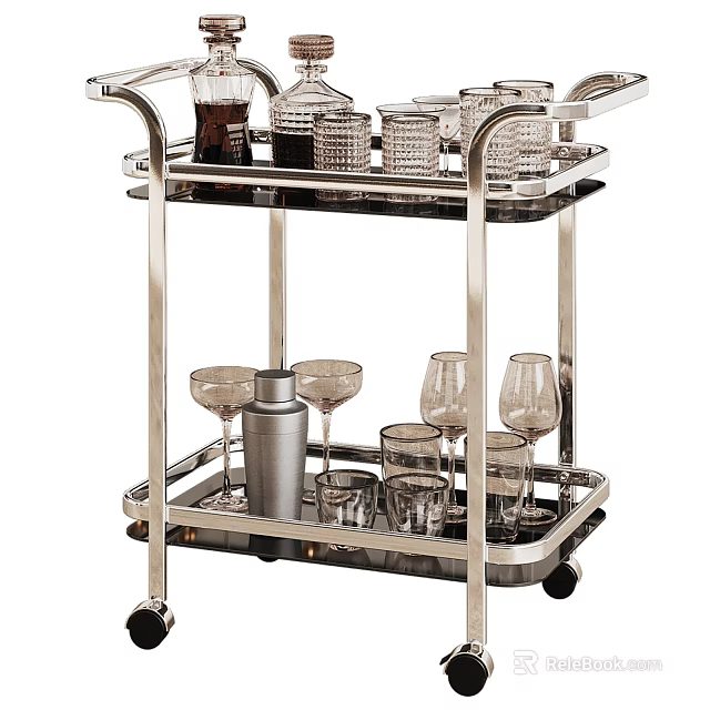Stainless Steel Two Tier Kitchen Cart With Wheels Cocktail Shaker And Glassware 3d model 