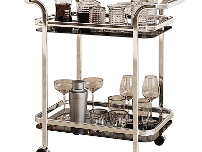Stainless Steel Two Tier Kitchen Cart With Wheels Cocktail Shaker And Glassware 3d model
