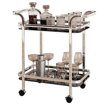 Stainless Steel Two Tier Kitchen Cart With Wheels Cocktail Shaker And Glassware 3d model Stainless Steel Two Tier Kitchen Cart With Wheels Cocktail Shaker And Glassware 3d model