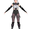 Female Game Movie Character In Black Purple Combat Outfit With Leather Straps And Armor Details