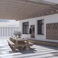Stylish Courtyard Garden With Wooden Pergola Seating Area Pool Green Plants And Trees