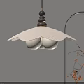 Beige Pleated Chandelier Design With White Globes Dark Brown Finial In Arched Interior Space