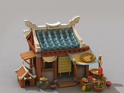 Ancient Traditional Building With Tiled Roof Wooden Structure Stall Lantern And Fruit Baskets 3d model