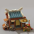 Ancient Traditional Building With Tiled Roof Wooden Structure Stall Lantern And Fruit Baskets