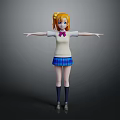 Game and Movie Character 3D Model with Orange Hair Pigtails White Top Blue Plaid Skirt