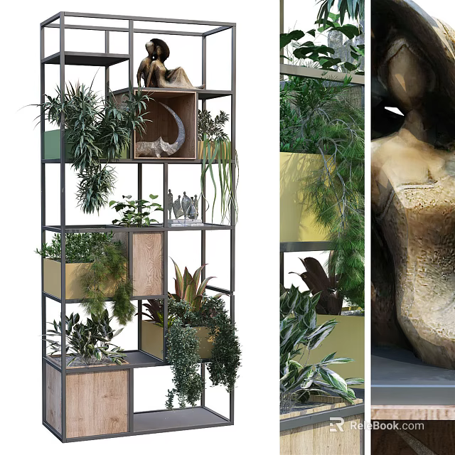 Garden Decorative Shelf With Multi Tiered Design Assorted Green Plants And Decorative Items 3d model 