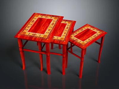 Three Red Wooden Nesting Stools With Golden Patterned Tops And Intricate Design 3d model
