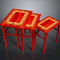 Three Red Wooden Nesting Stools With Golden Patterned Tops And Intricate Design