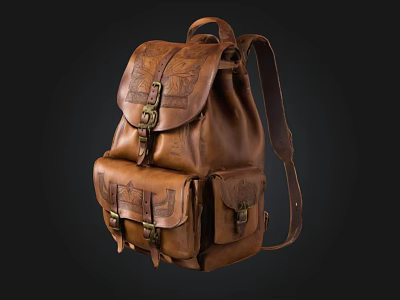 Classic Vintage Leather Backpack With Multiple Pockets And Metal Buckles 3d model