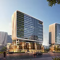 Modern High Rise Office Buildings Featuring Sleek Architectural Design Green Spaces And Urban Roads
