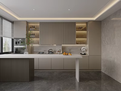 Modern Kitchen Interior With Sleek Gray Cabinets White Island Countertop And Appliances 3d model