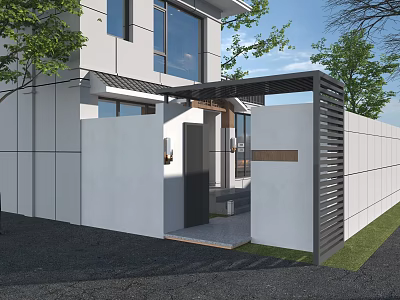 Modern House Entrance Gate With White Walls Black Metal Porch Glass Door And Green Trees 3d model