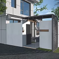 Modern House Entrance Gate With White Walls Black Metal Porch Glass Door And Green Trees