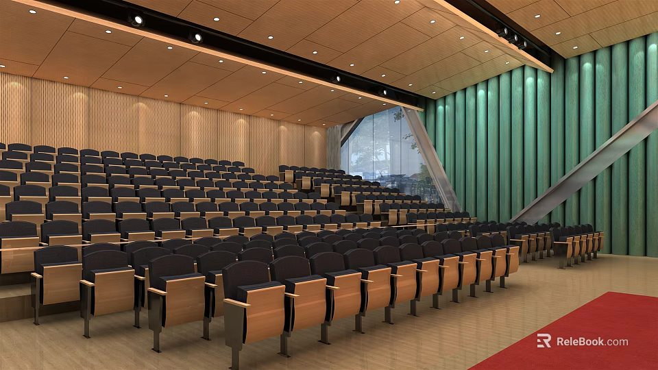 Modern Conference Room Interior With Rows Of Seats Wooden Walls And Green Panels 3d model 