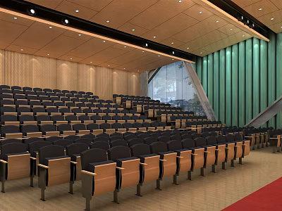 Modern Conference Room Interior With Rows Of Seats Wooden Walls And Green Panels 3d model