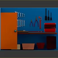Red Workbench Furniture With Storage Bins In Blue Walled Utility Room Setup